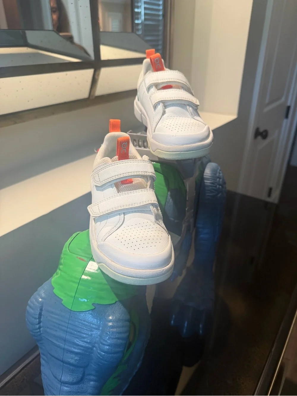 Kids White Sneakers with Teal and Orange Accents - Velcro Closure - Picture 2 of 4